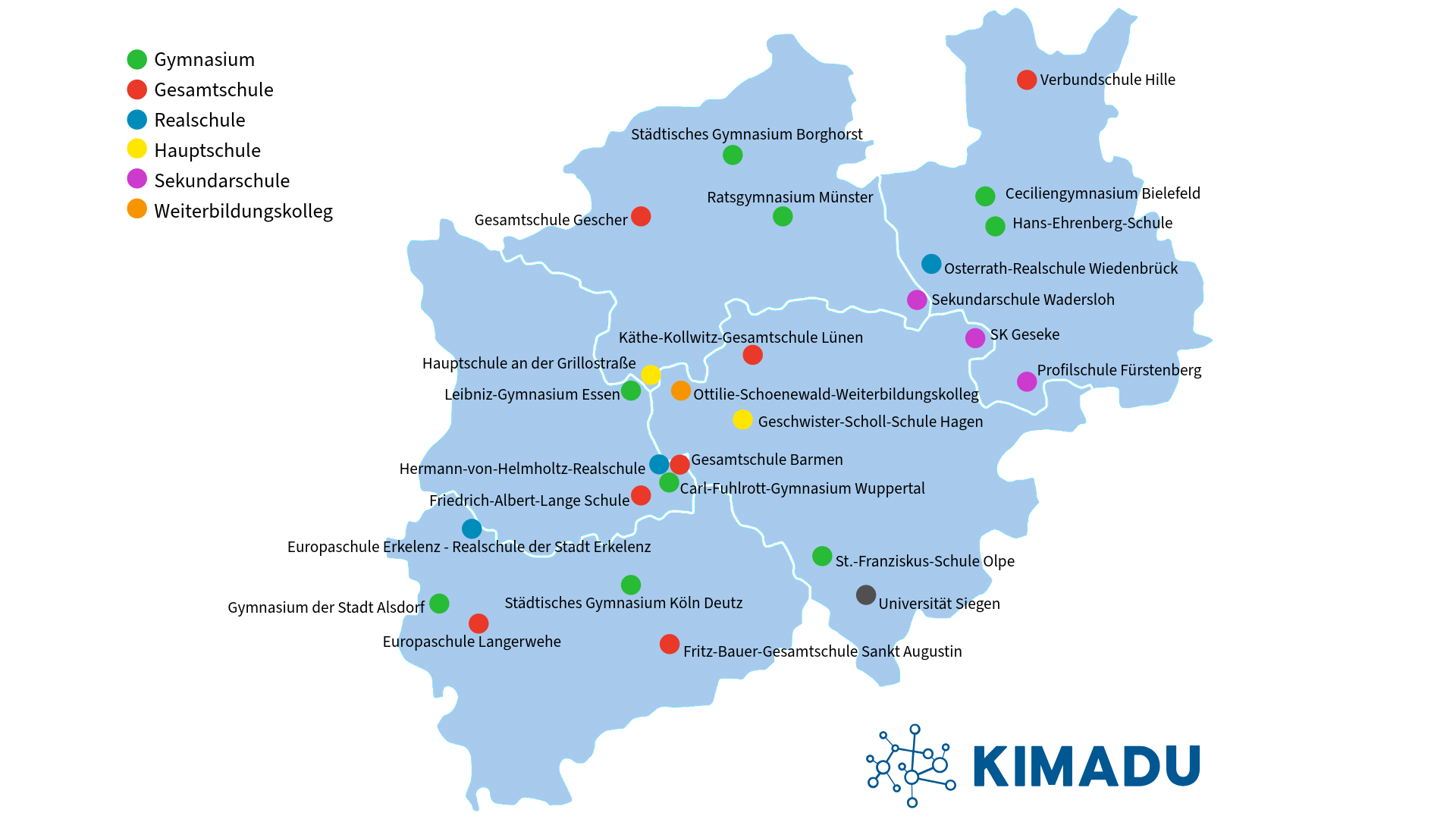 Das Bild zeigt die KIMADU-Schulen auf einer Karte von NRW.